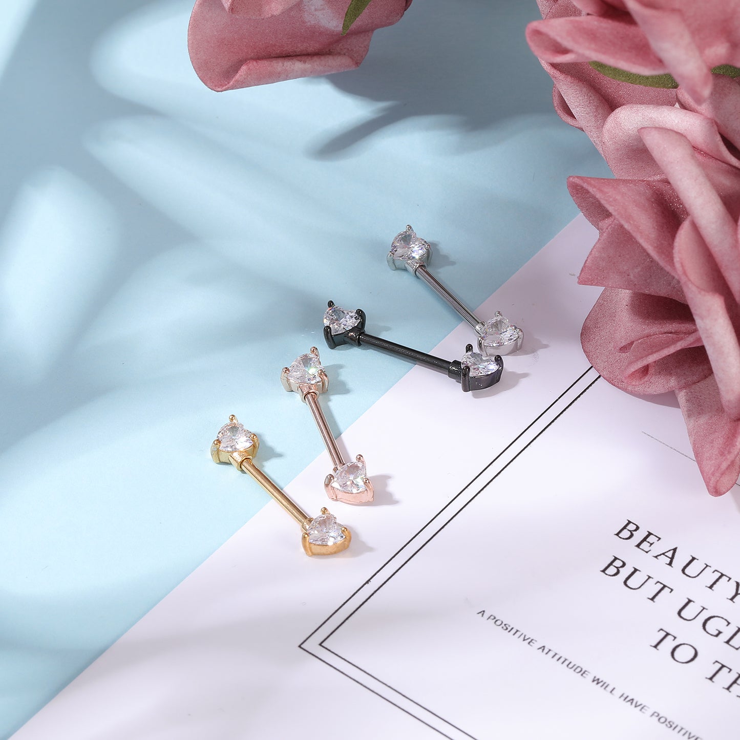 2pcs 14G Heart Crystal Nipple Barbell Ring Rose Gold Claw Nipple Piercing