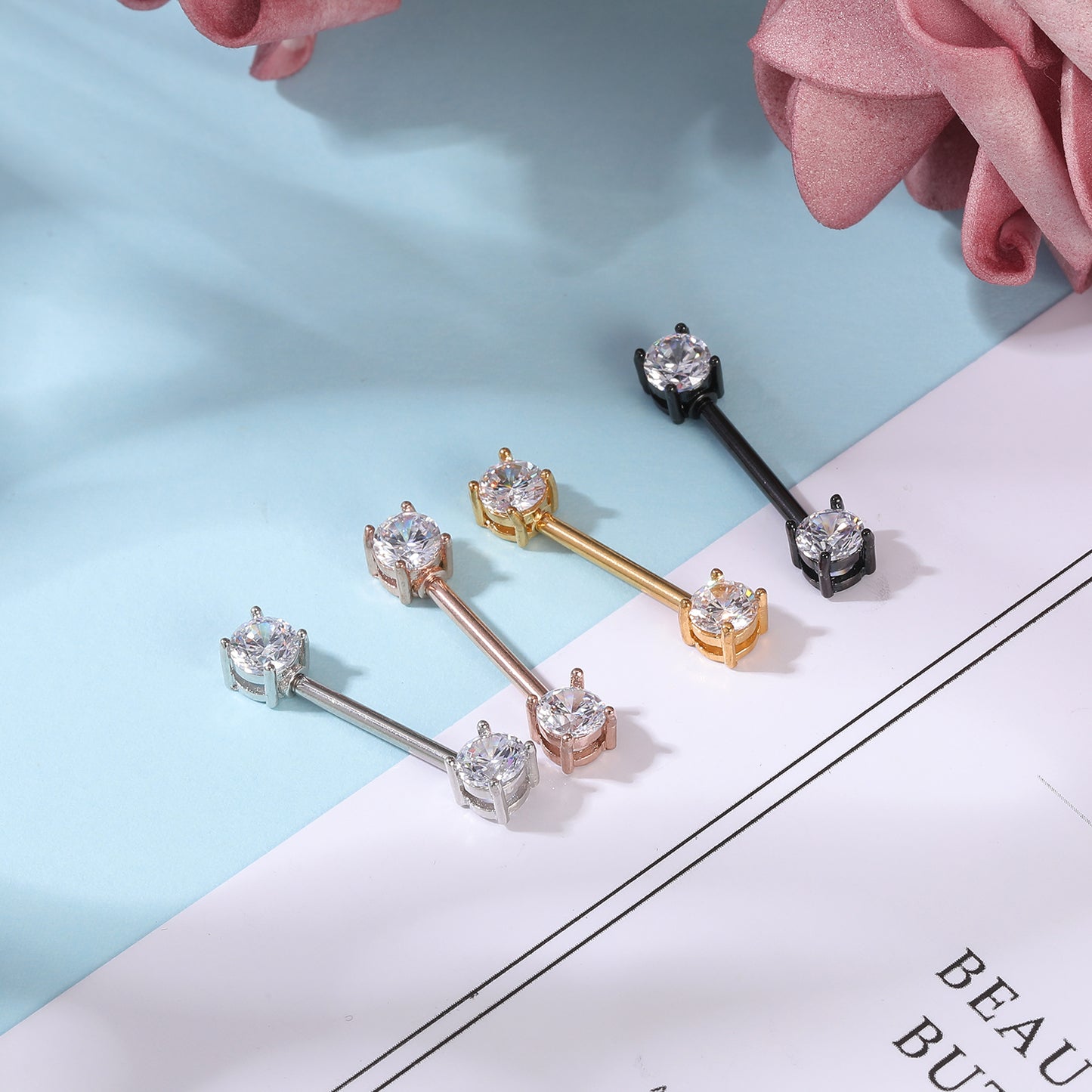 2pcs 14G Simple Nipple Barbell Ring Claw Crystal Gold Nipple Piercing