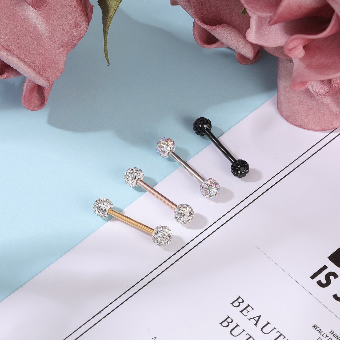2pcs 14G Simple Nipple Barbell Ring Rose Gold Rod Crystal Nipple Piercing