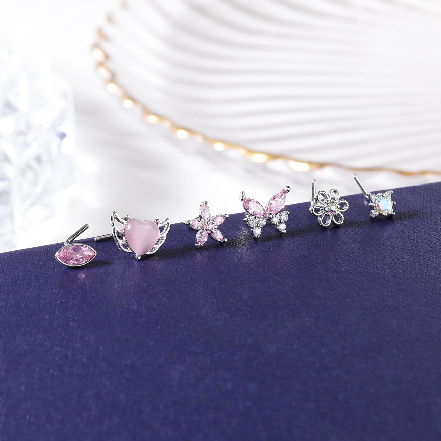 20g Oval Pink Crystal Nose Stud Piercing L Shaped Nostril Piercing