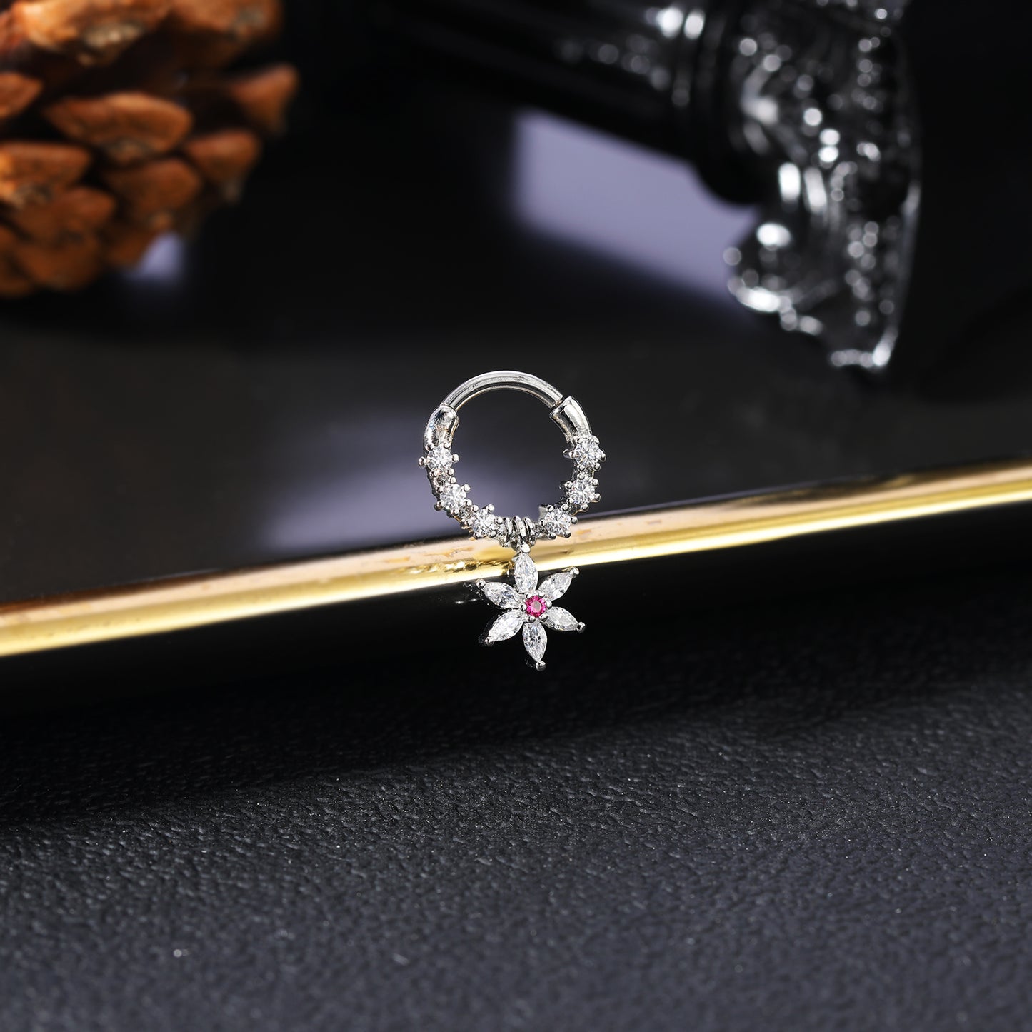 16g Flower Dangle Nose Ring Shining Zircon Septum Ring Piercing Jewelry