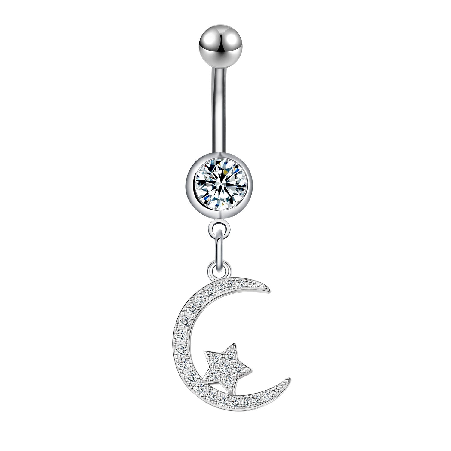 14G Moon Dangle Belly Navel Rings Clear Crystal Belly Button Rings