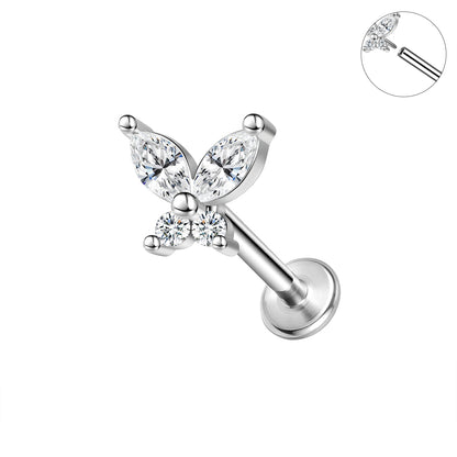 16g Butterfly Labret Ring Flat Back Stud Earring CZ Conch Helix Lip Piercing