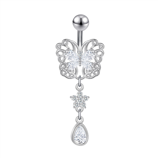 14G Butterfly Belly Navel Rings Crystal Drop Dangling Belly Button Rings