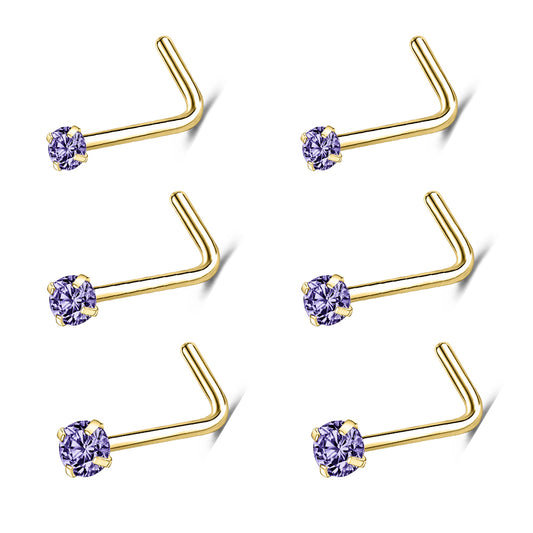 6-Pcs/Set-20G-Violet-Blue-Zircon-Nose-Studs-Piercing-L-Shape-Nose-Rings-Gold-Plated-Nostril-Piercing