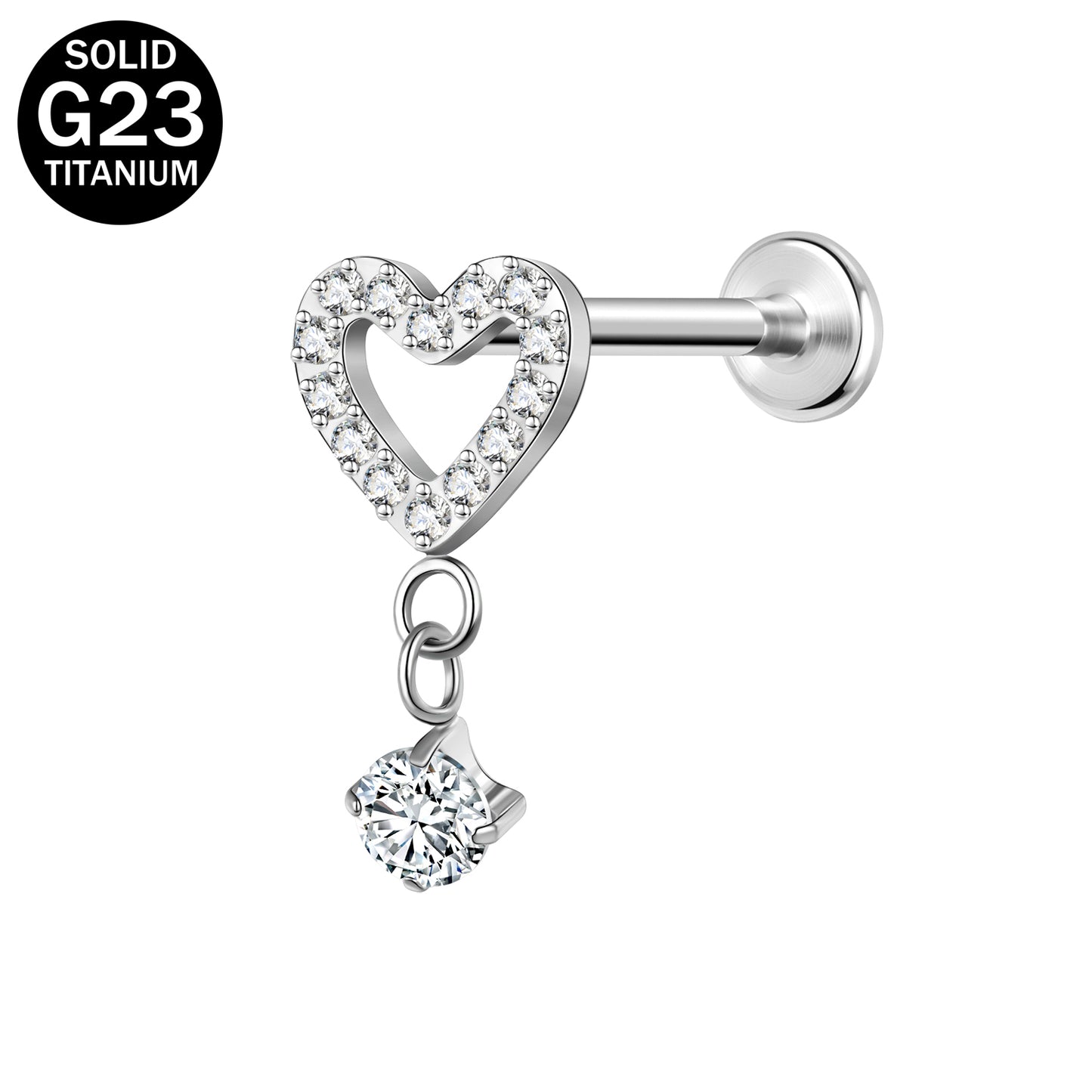 16g G23 Titanium Labret Ring Heart Zircon Stud Earring Threaded Conch Helix Lip Piercing