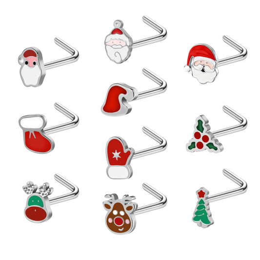 10Pcs/Set 20g Santa Claus Nose Rings Studs L-shaped Christmas Stainless Steel Nose Stud Piercing