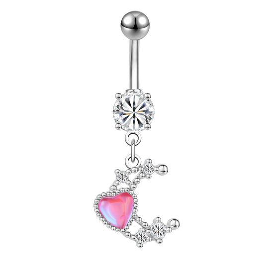 14G Moon Dangle Belly Navel Rings Red Heart Zirconia Belly Button Rings