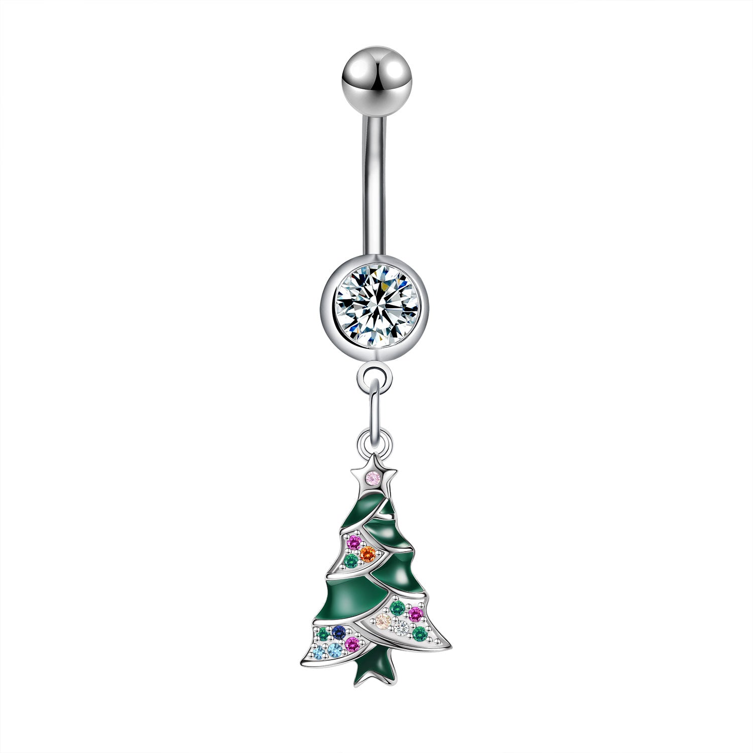 14G Christmas Tree Dangle Belly Navel Rings Bling Crystal Belly Button Rings