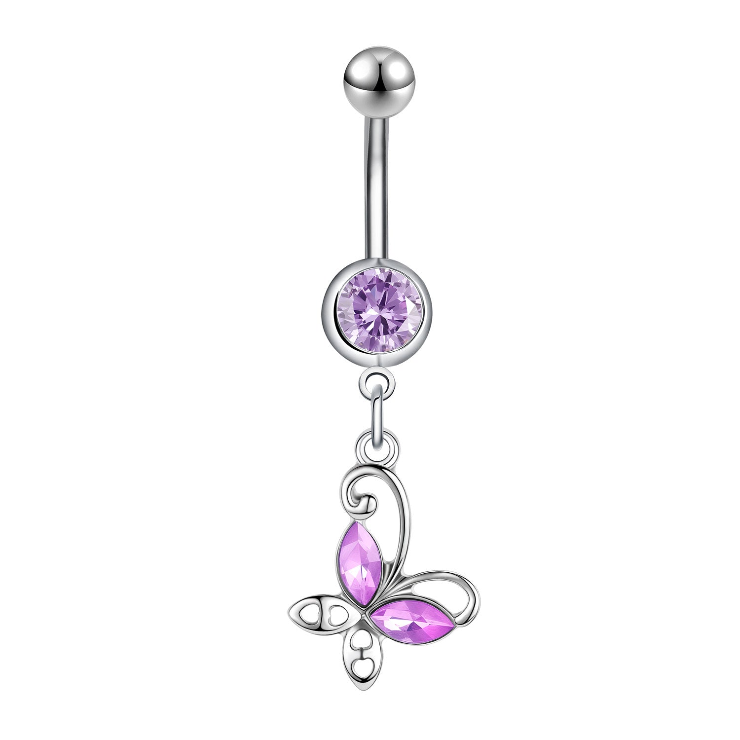 14G Butterfly Dangle Belly Navel Rings Purple Crystal Belly Button Rings
