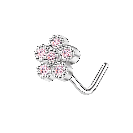 20G Flower Nose Studs Piercing L Shape Nose Rings Pink Zirconia Nostril Piercing