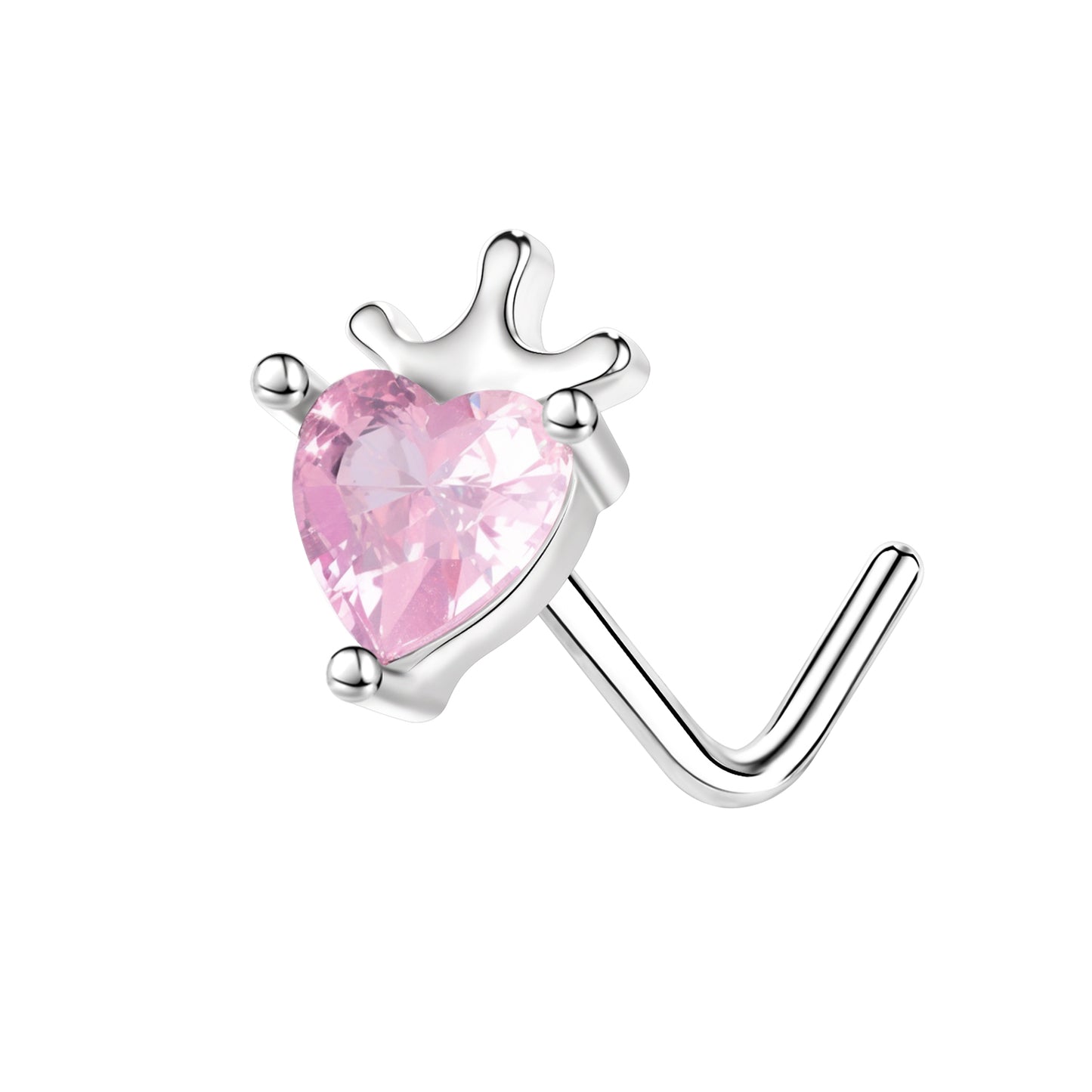 20G Heart Nose Studs Piercing L Shape Nose Rings Pink Zirconia Nostril Piercing