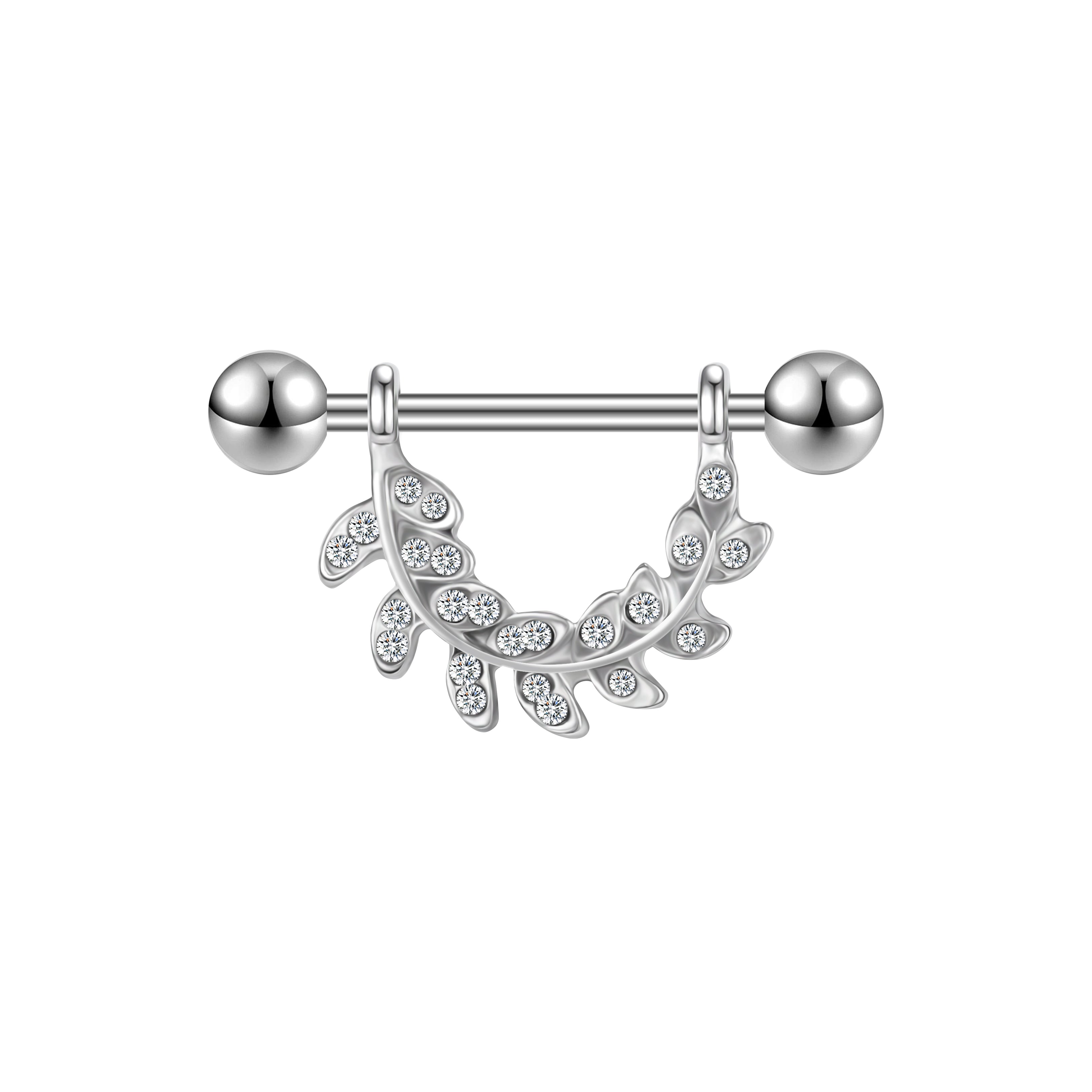 2Pcs 14G Leaves Nipple Rings Bling Crystal Nipple Piercing Barbell Jewelry
