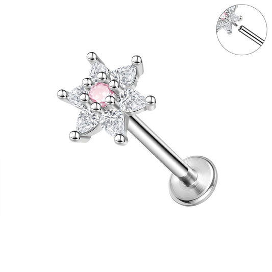 16g Flower Labret Ring Flat Back Stud Earring Push-in Conch Helix Lip Piercing