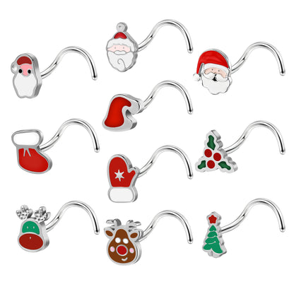 10Pcs/Set 20g Santa Claus Corkscrew Nose Rings Studs Christmas Stainless Steel Nose Stud Piercing