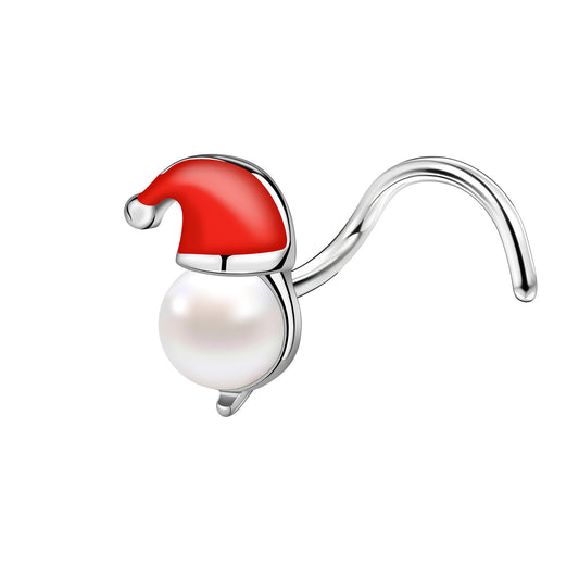 20g Santa Hat Corkscrew Nose Rings Studs Christmas Stainless Steel Nose Stud Piercing