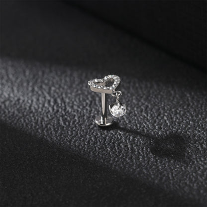 16g G23 Titanium Labret Ring Heart Zircon Stud Earring Threaded Conch Helix Lip Piercing