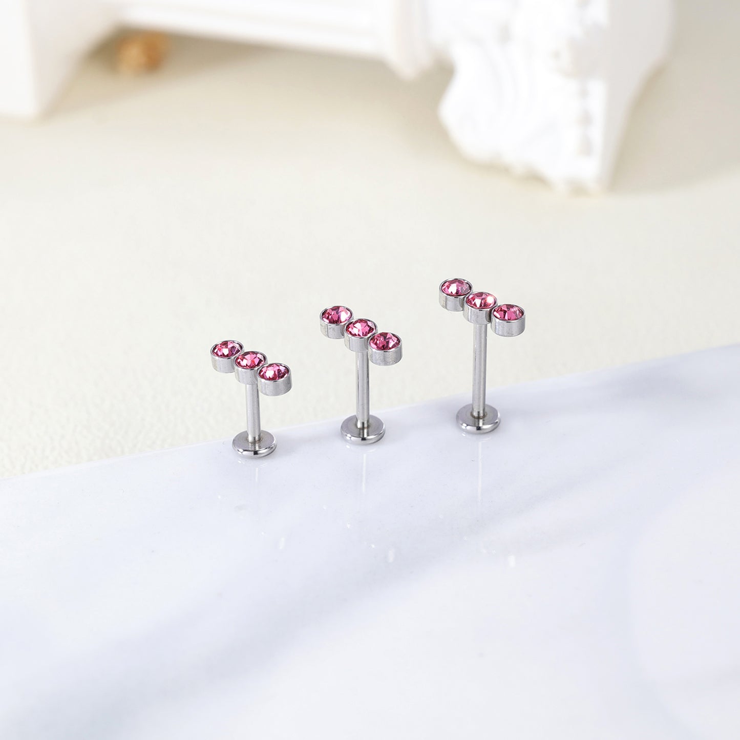 16g Pink Crystal Labret Ring Flat Back Stud Earring Push-in Conch Helix Lip Piercing