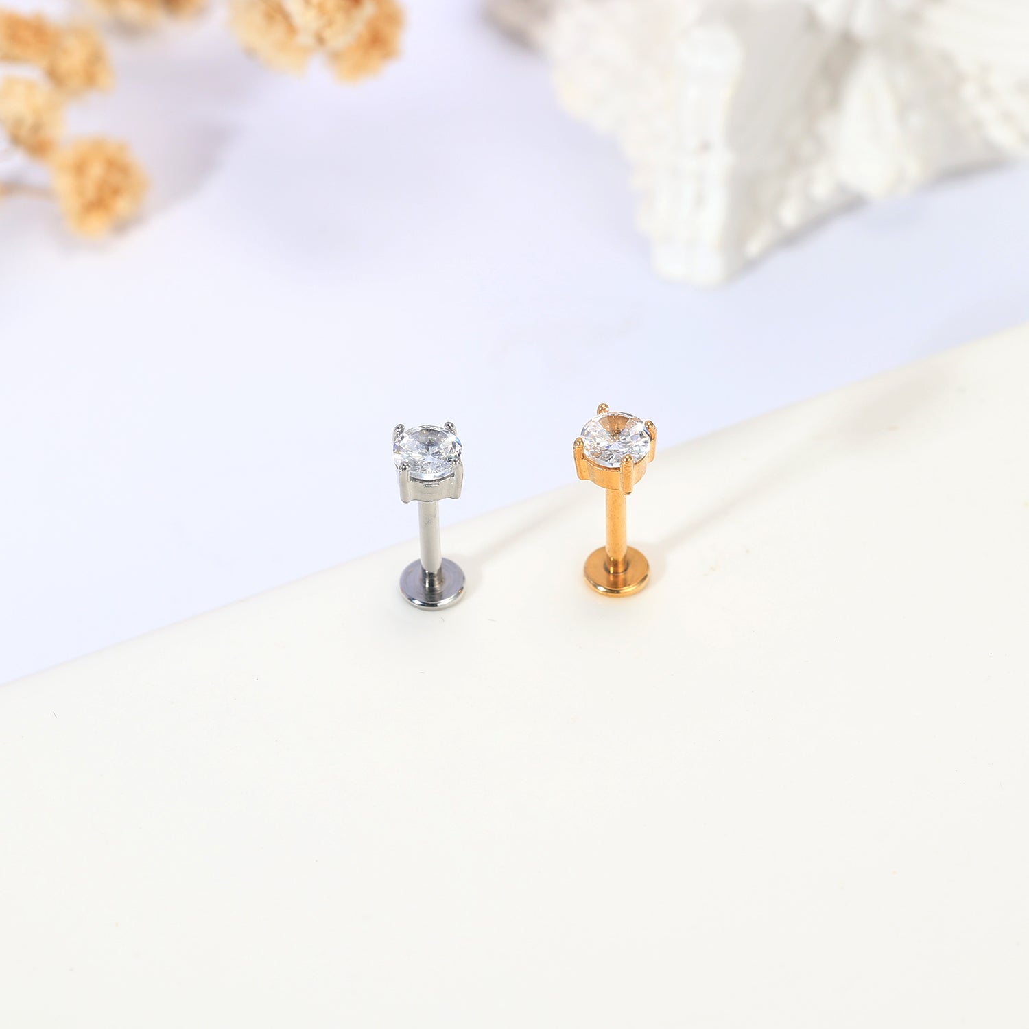 16g Round Zircon Labret Ring Flat Back Stud Earring Conch Helix Lip Piercing