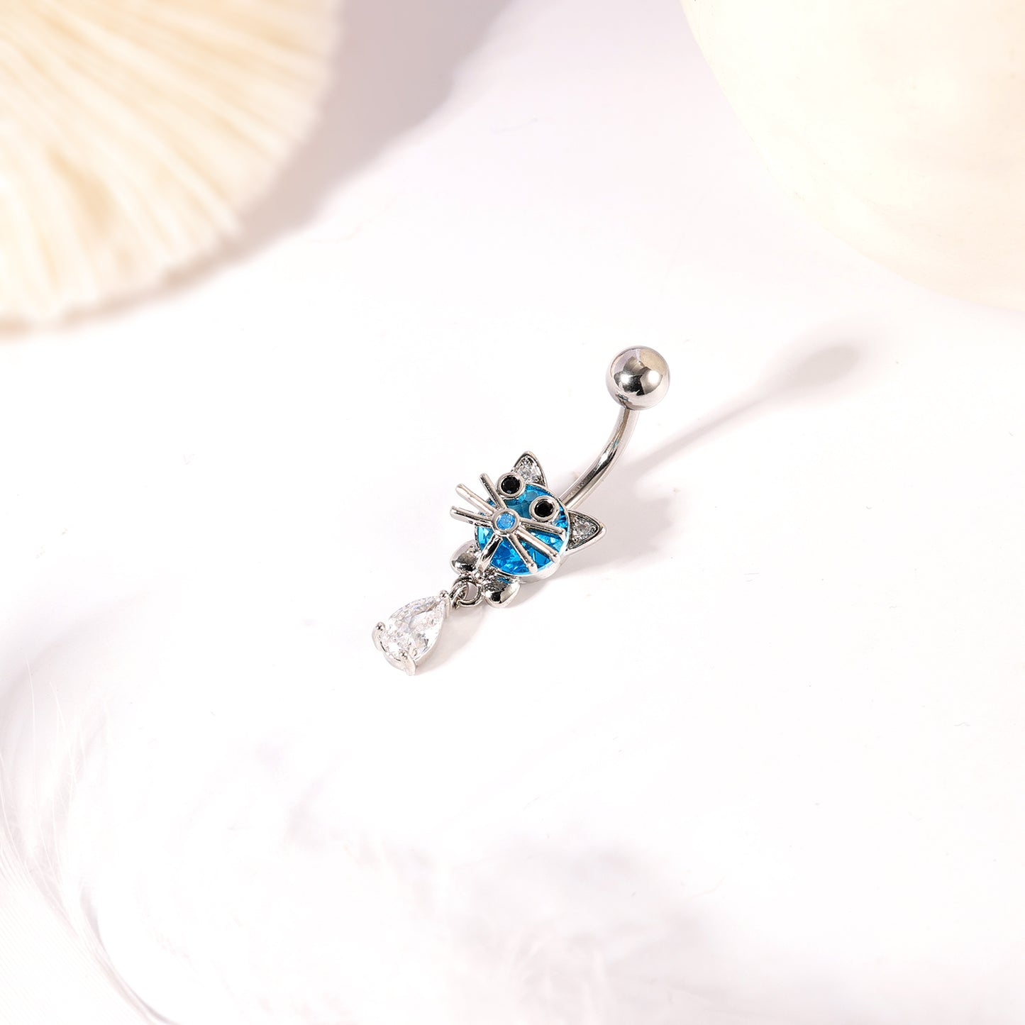 14G Cute Cat Belly Navel Rings Aqua Blue Zirconia Belly Button Rings