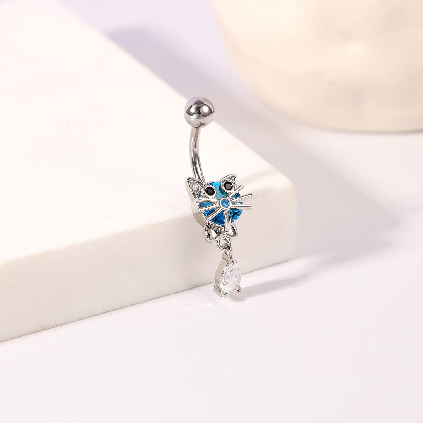 14G Cute Cat Belly Navel Rings Aqua Blue Zirconia Belly Button Rings