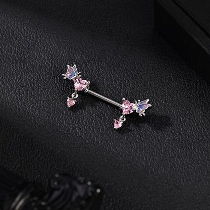 2Pcs 14G Heart Dangle Nipple Rings Pink Zircon Nipple Piercing Barbell Jewelry