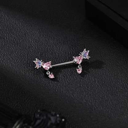 2Pcs 14G Heart Dangle Nipple Rings Pink Zircon Nipple Piercing Barbell Jewelry