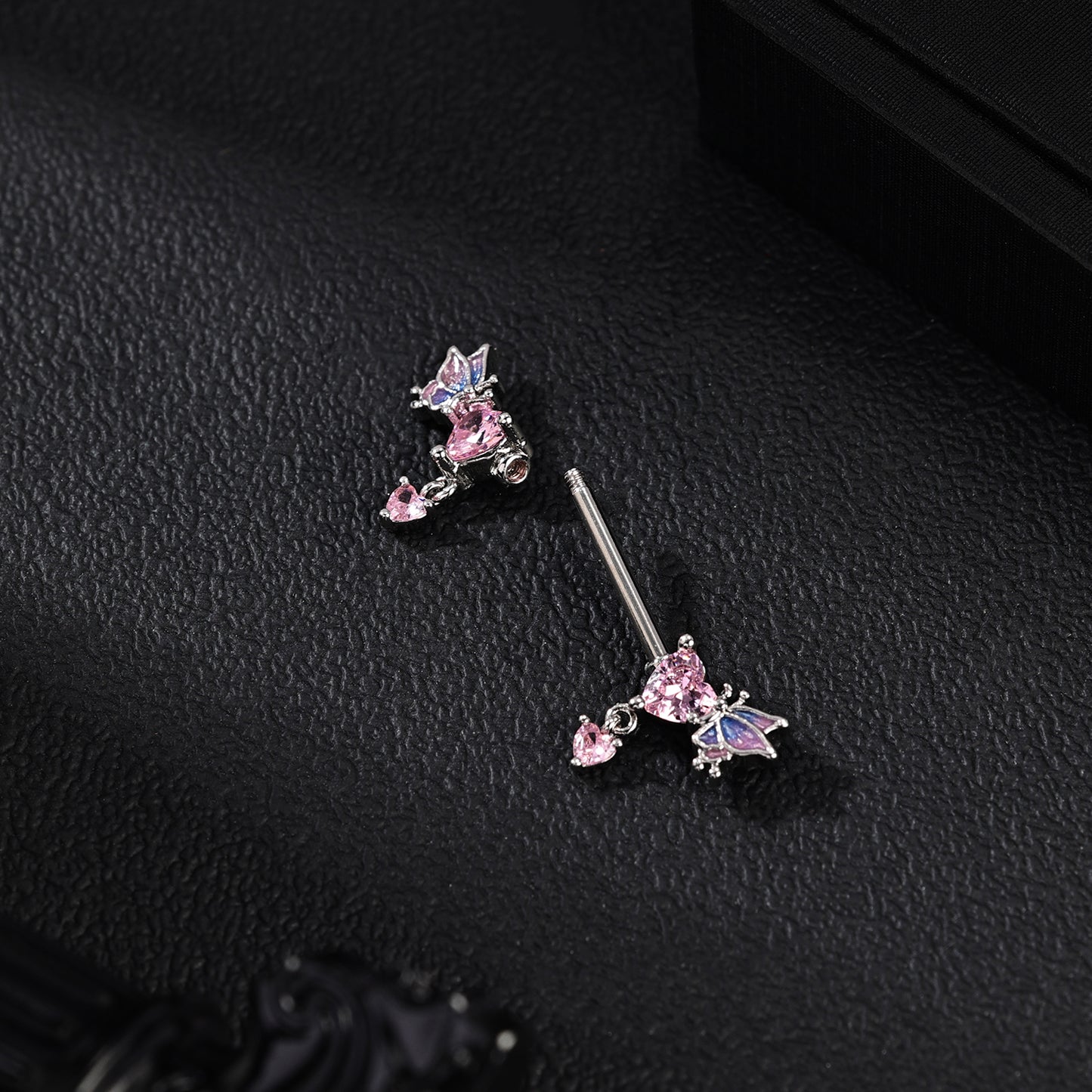 2Pcs 14G Heart Dangle Nipple Rings Pink Zircon Nipple Piercing Barbell Jewelry