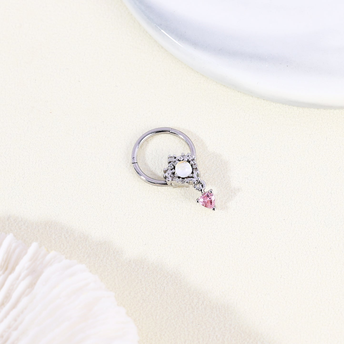 16g Heart Dangle Nose Ring Pink Zircon Septum Ring Piercing Jewelry