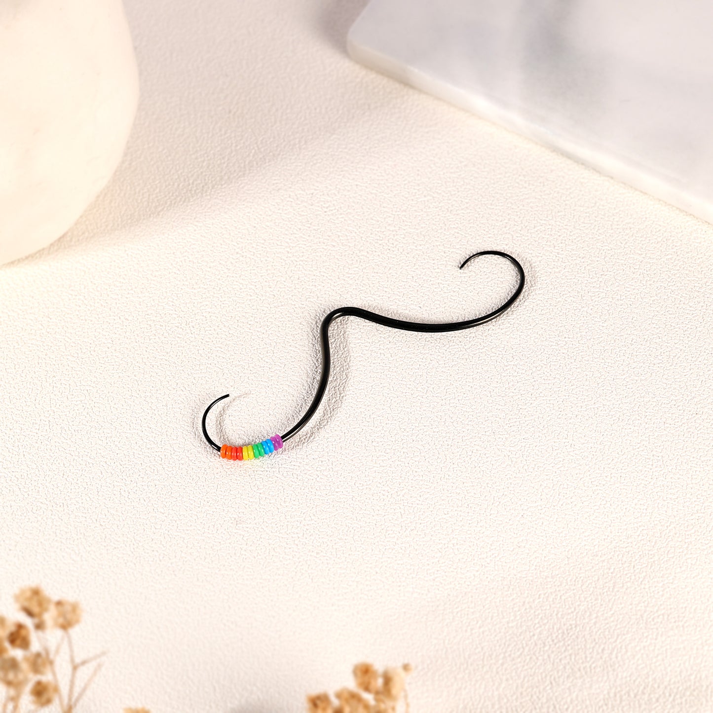 14G/16G Black Mustache Septum Ring Nose Piercing Jewelry with Rainbow Bead