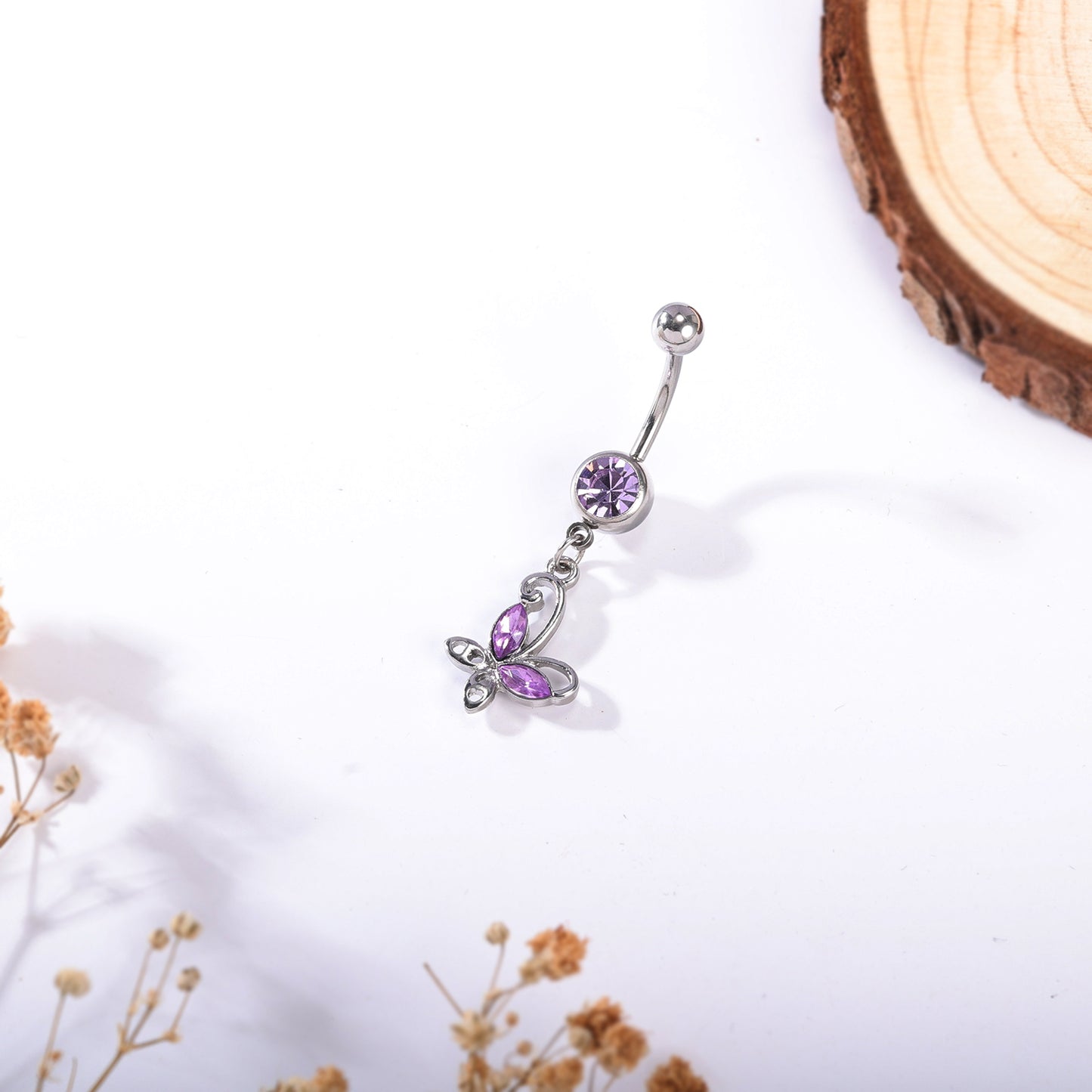 14G Butterfly Dangle Belly Navel Rings Purple Crystal Belly Button Rings