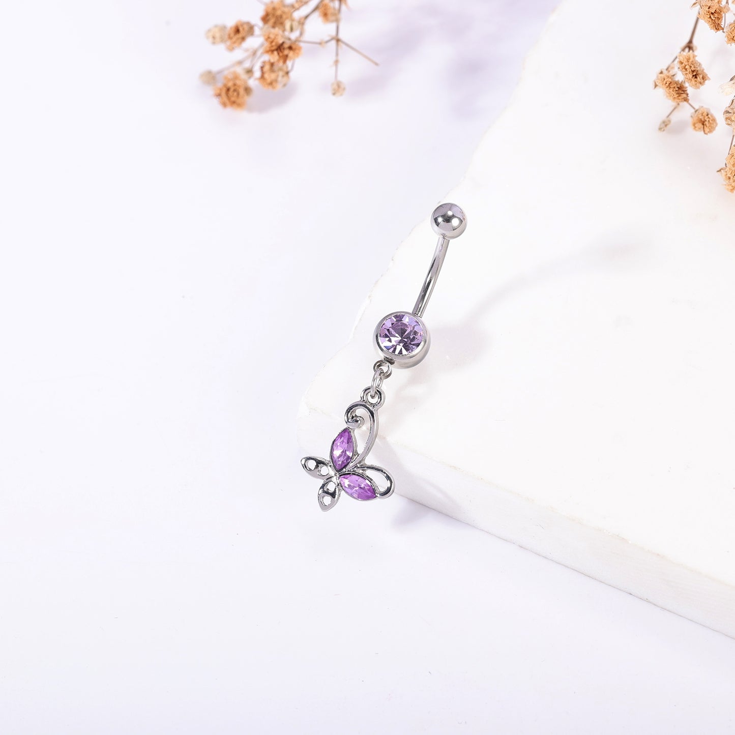 14G Butterfly Dangle Belly Navel Rings Purple Crystal Belly Button Rings