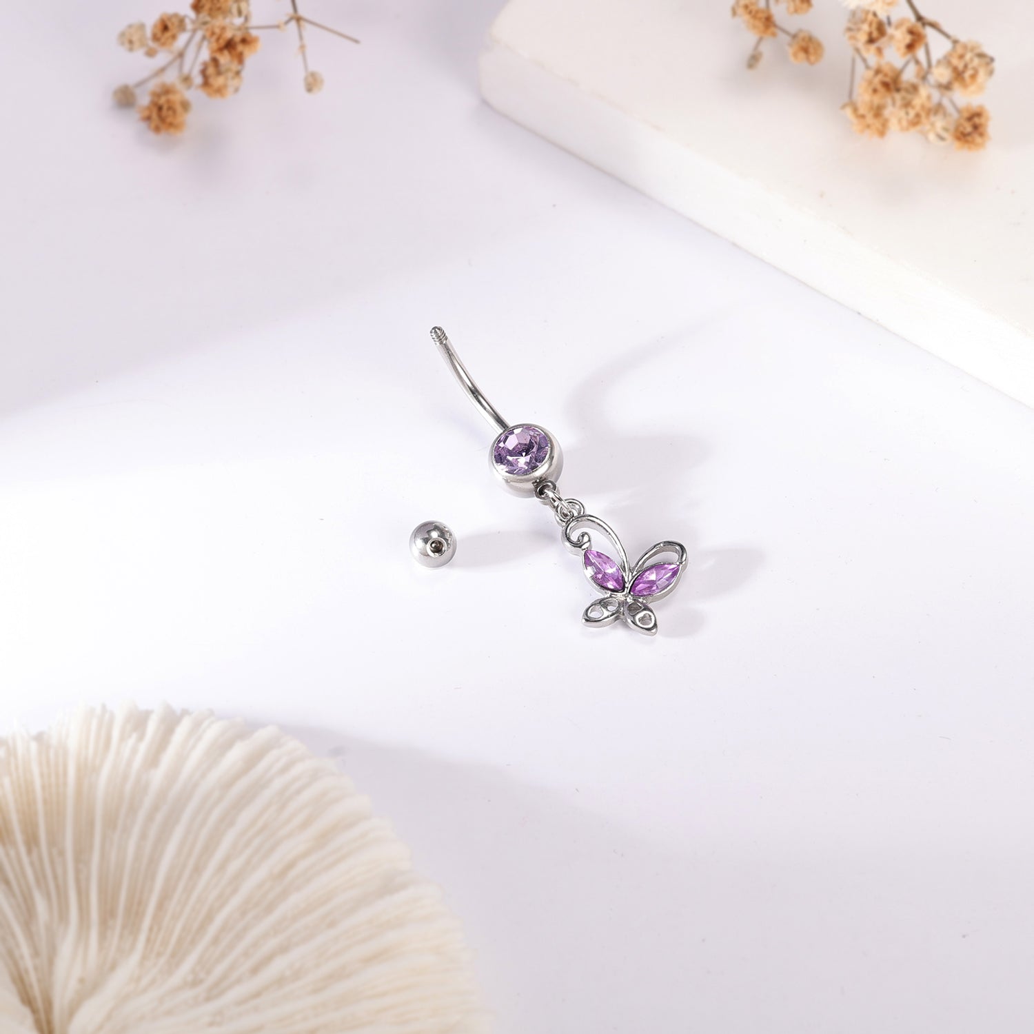 14G Butterfly Dangle Belly Navel Rings Purple Crystal Belly Button Rings