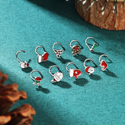 10Pcs/Set 20g Santa Claus Corkscrew Nose Rings Studs Christmas Stainless Steel Nose Stud Piercing