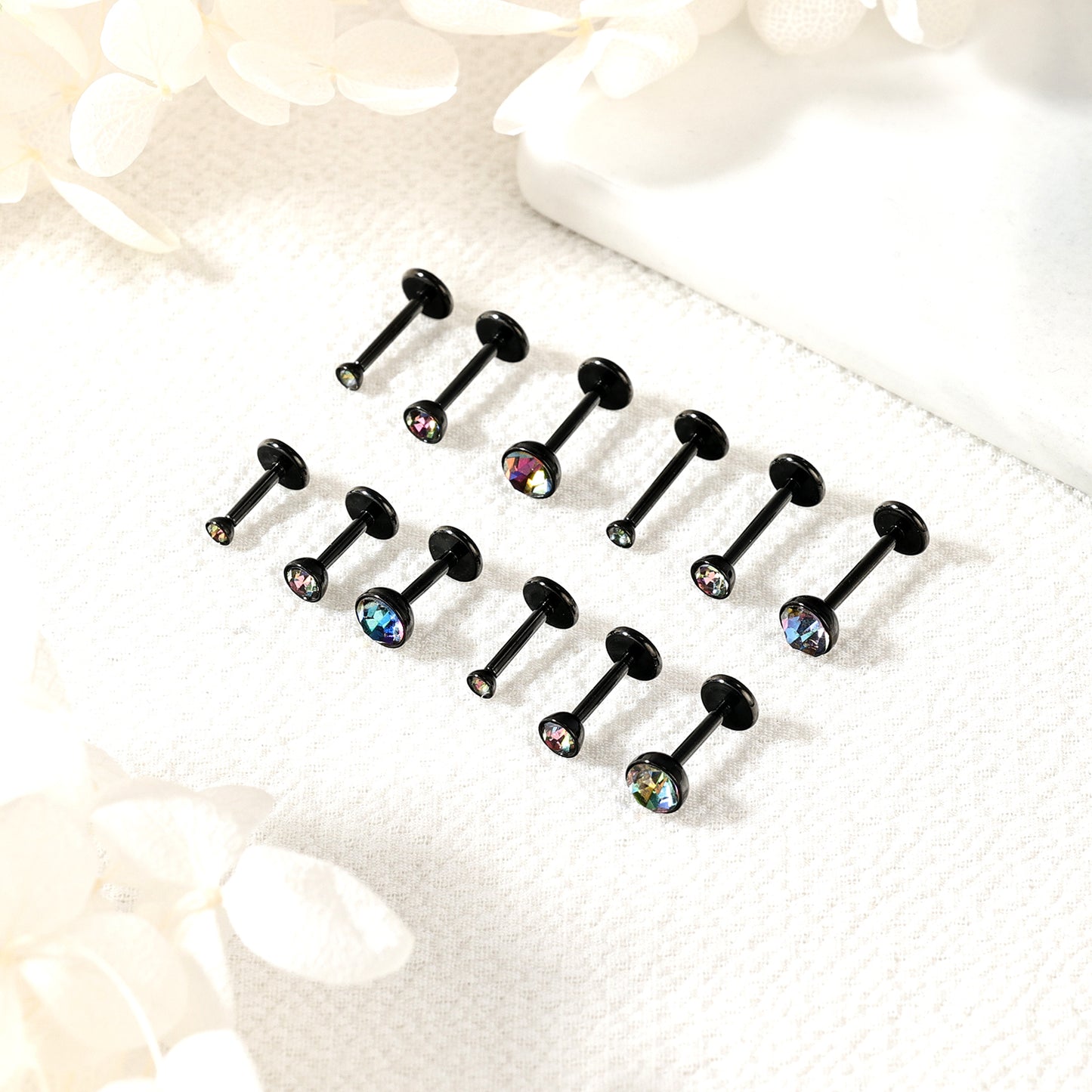 16g/18g Flat Back Earring Rainbow Crystal Cartilage Earring Threaded Conch Helix Piercing