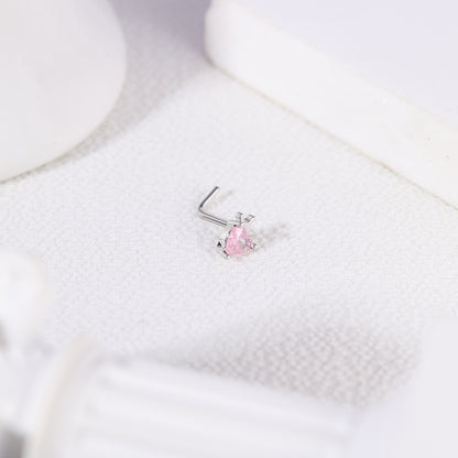 20G Heart Nose Studs Piercing L Shape Nose Rings Pink Zirconia Nostril Piercing