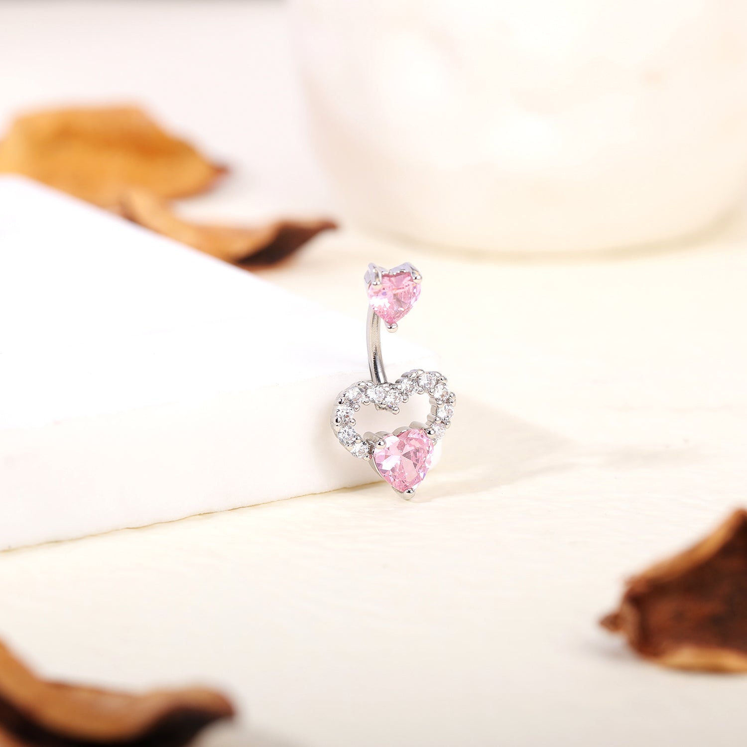 14G Double Heart Belly Navel Rings Pink Zirconia Belly Button Rings