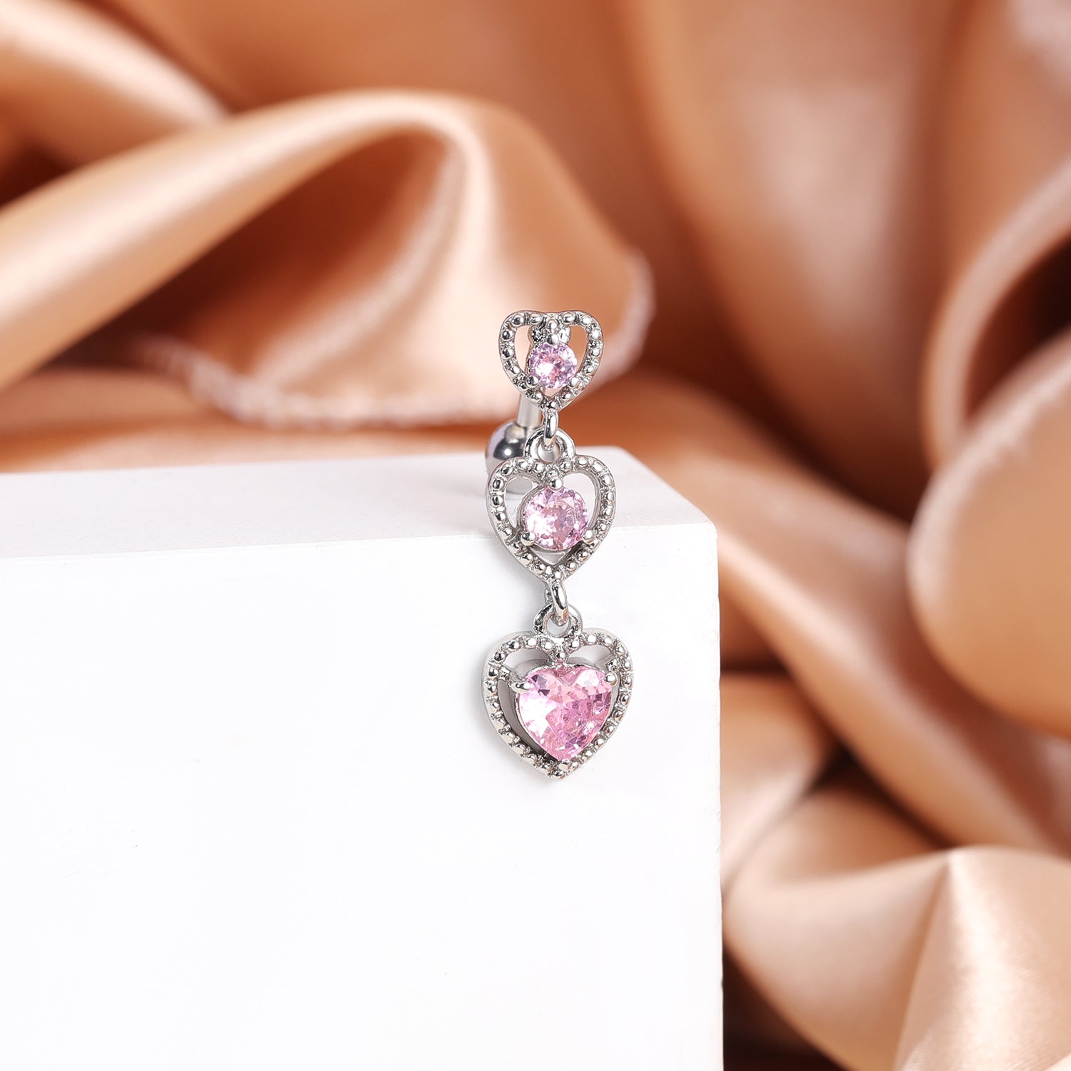 14G Heart Dangle Belly Navel Rings Pink Zirconia Belly Button Rings