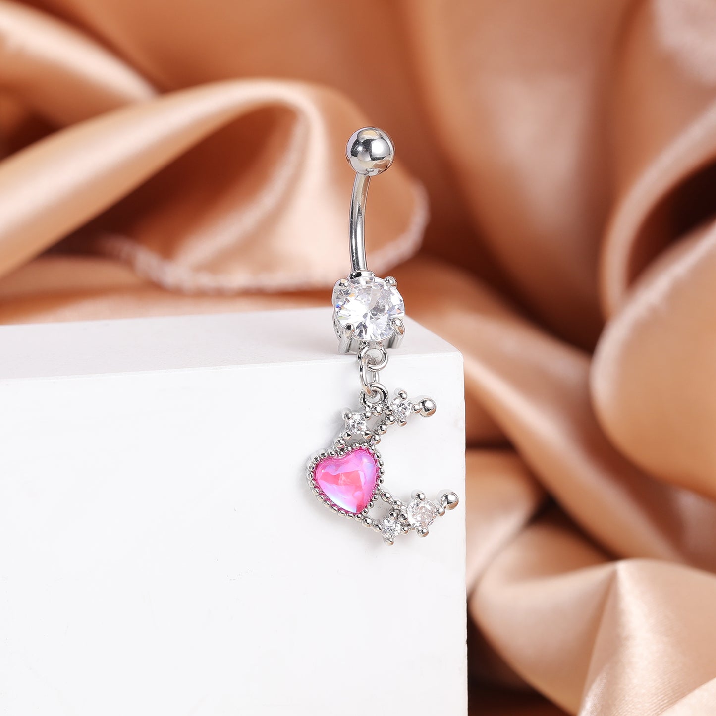 14G Moon Dangle Belly Navel Rings Red Heart Zirconia Belly Button Rings