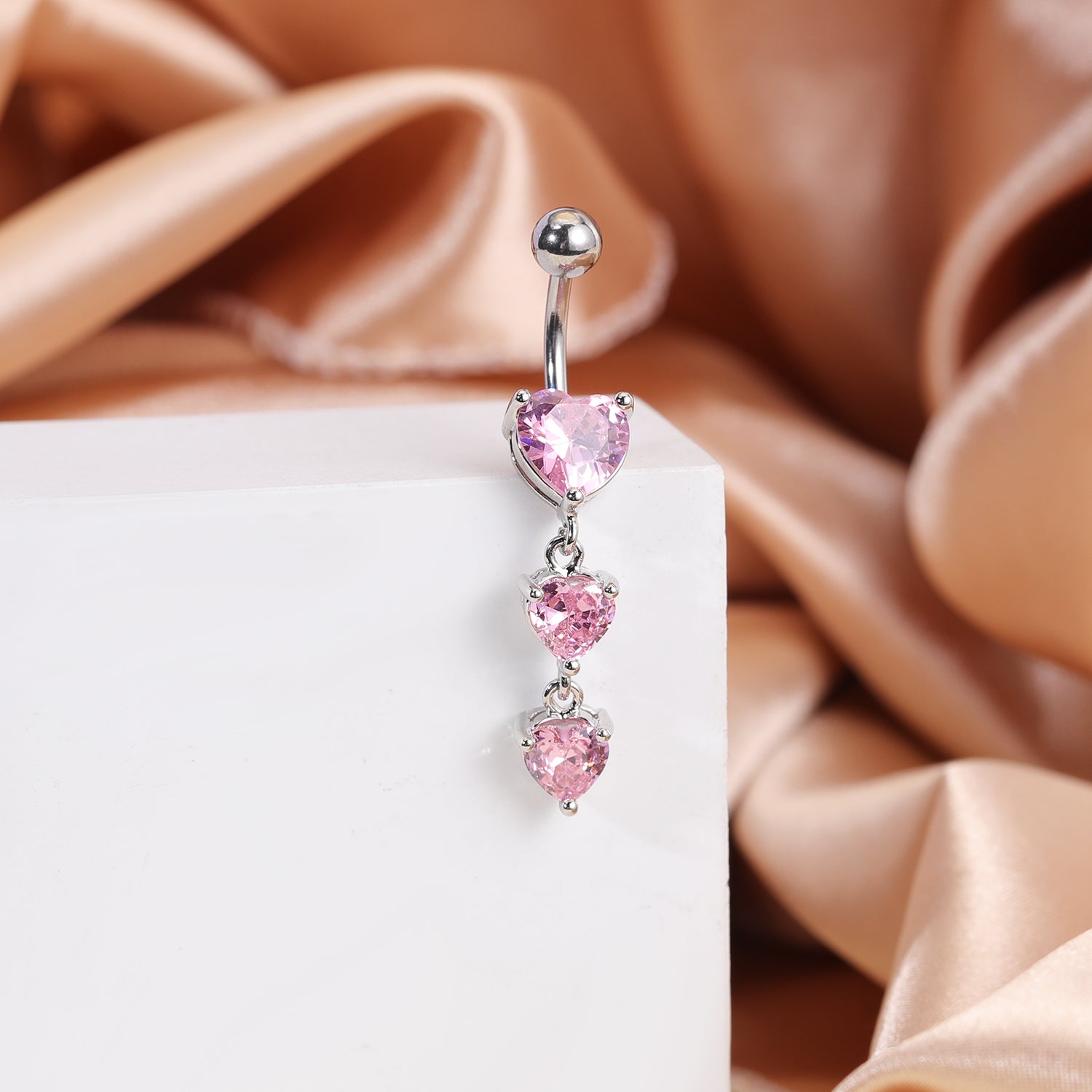 14G Heart Dangle Belly Navel Rings Pink Zirconia Belly Button Rings
