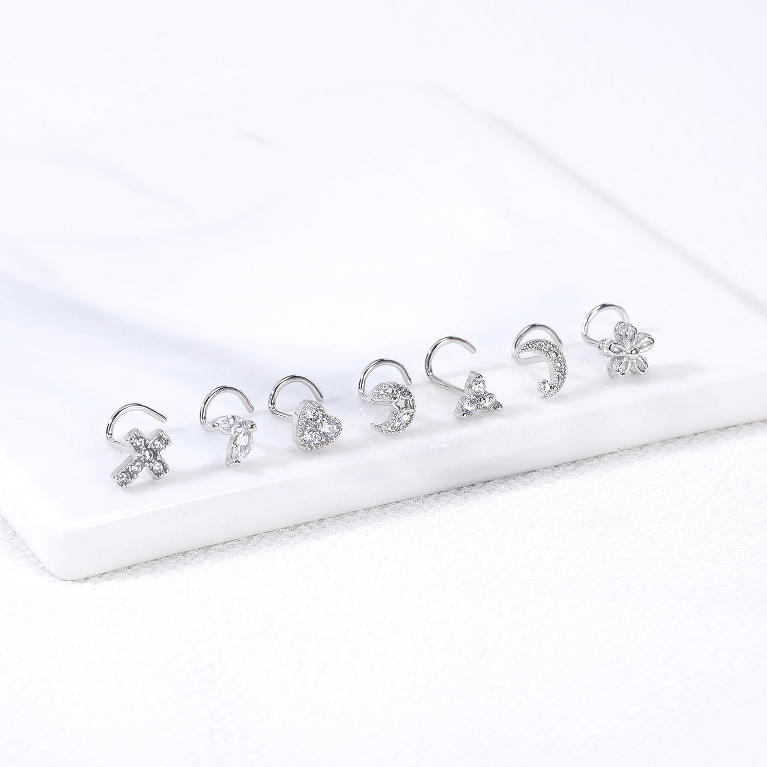 20G-Triangular Petal-White-Crystal-Nose-Studs-Piercing-Crokscrew-Nose-Rings-Stainless-Steel-Nostril-Piercing