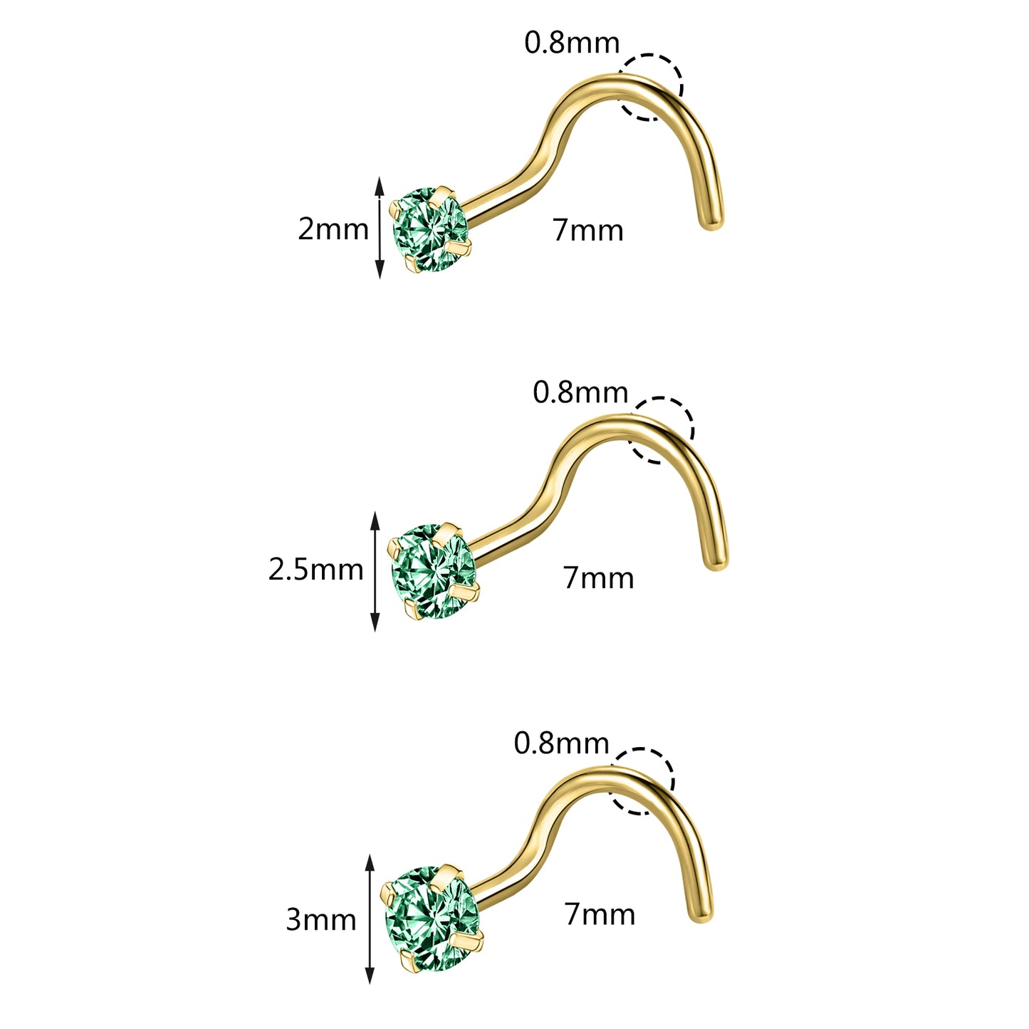 6-Pcs/Set-20G-Green-Zircon-Nose-Studs-Piercing-Crokscrew-Nose-Rings-Gold-Plated-Nostril-Piercing