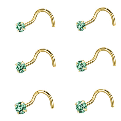 6-Pcs/Set-20G-Green-Zircon-Nose-Studs-Piercing-Crokscrew-Nose-Rings-Gold-Plated-Nostril-Piercing