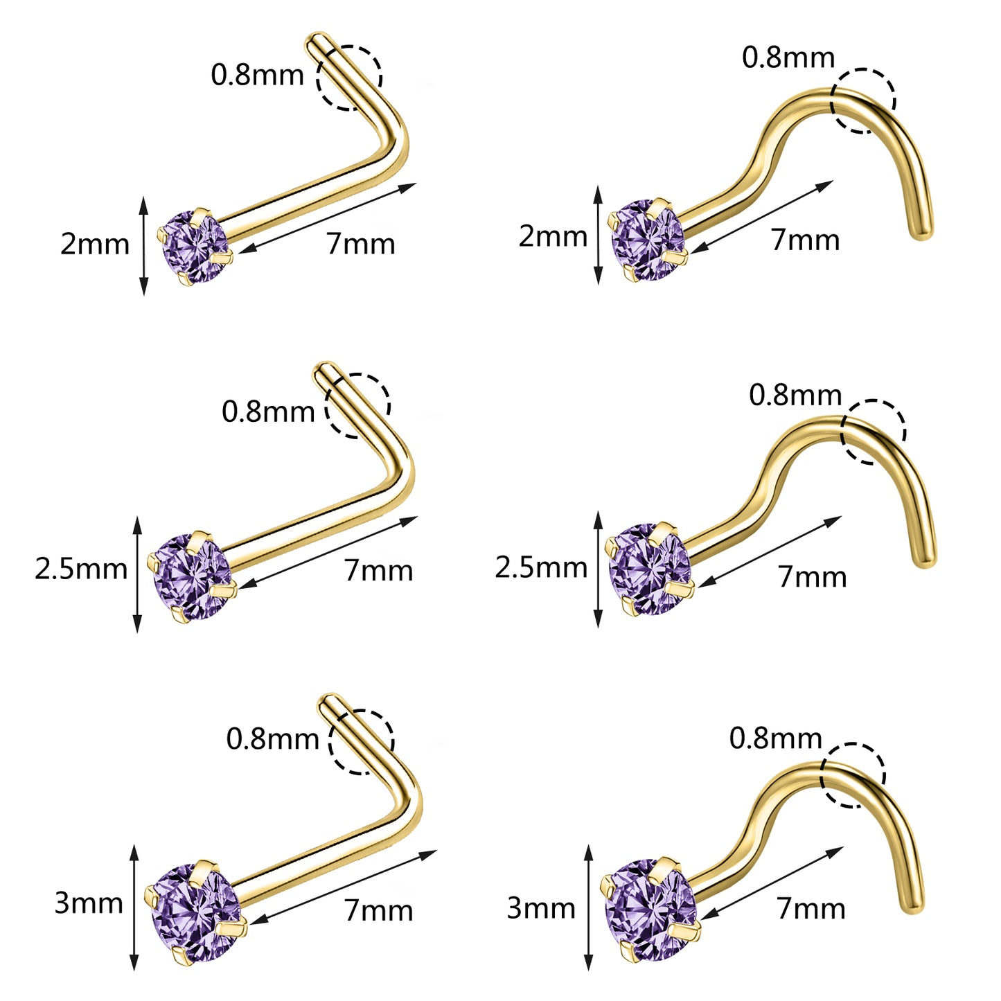 20g-Violet-Blue-Zircon-Nose-Studs-Piericng-Gold-Plated-L-Shape-Corkscrew-Nose-Rings