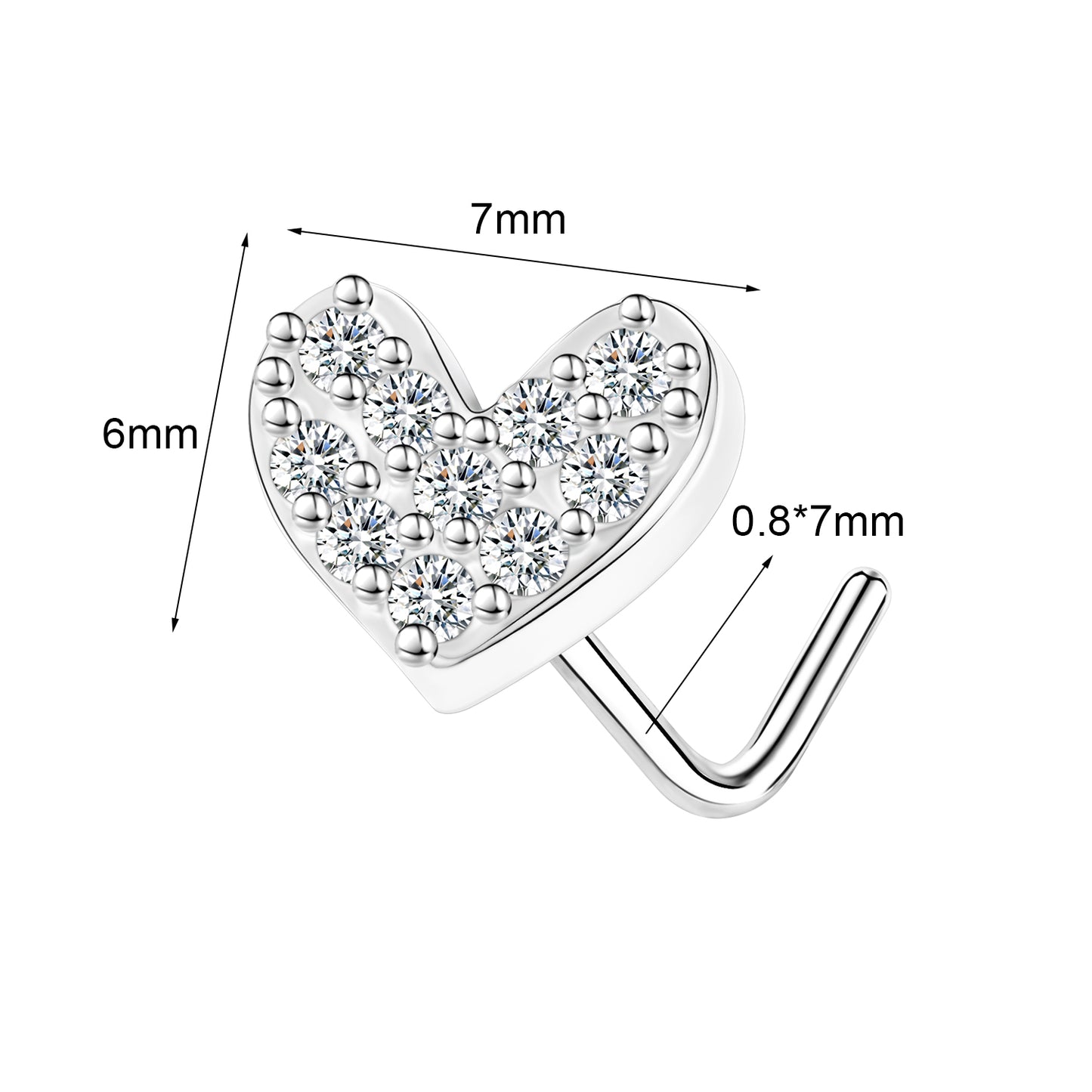 20G Heart Nose Studs Piercing L Shape Nose Rings Bling Zirconia Nostril Piercing