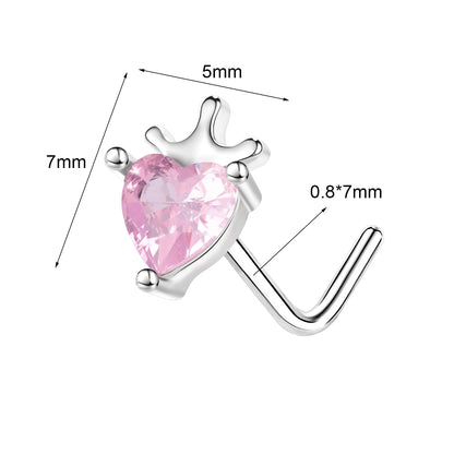 20G Heart Nose Studs Piercing L Shape Nose Rings Pink Zirconia Nostril Piercing