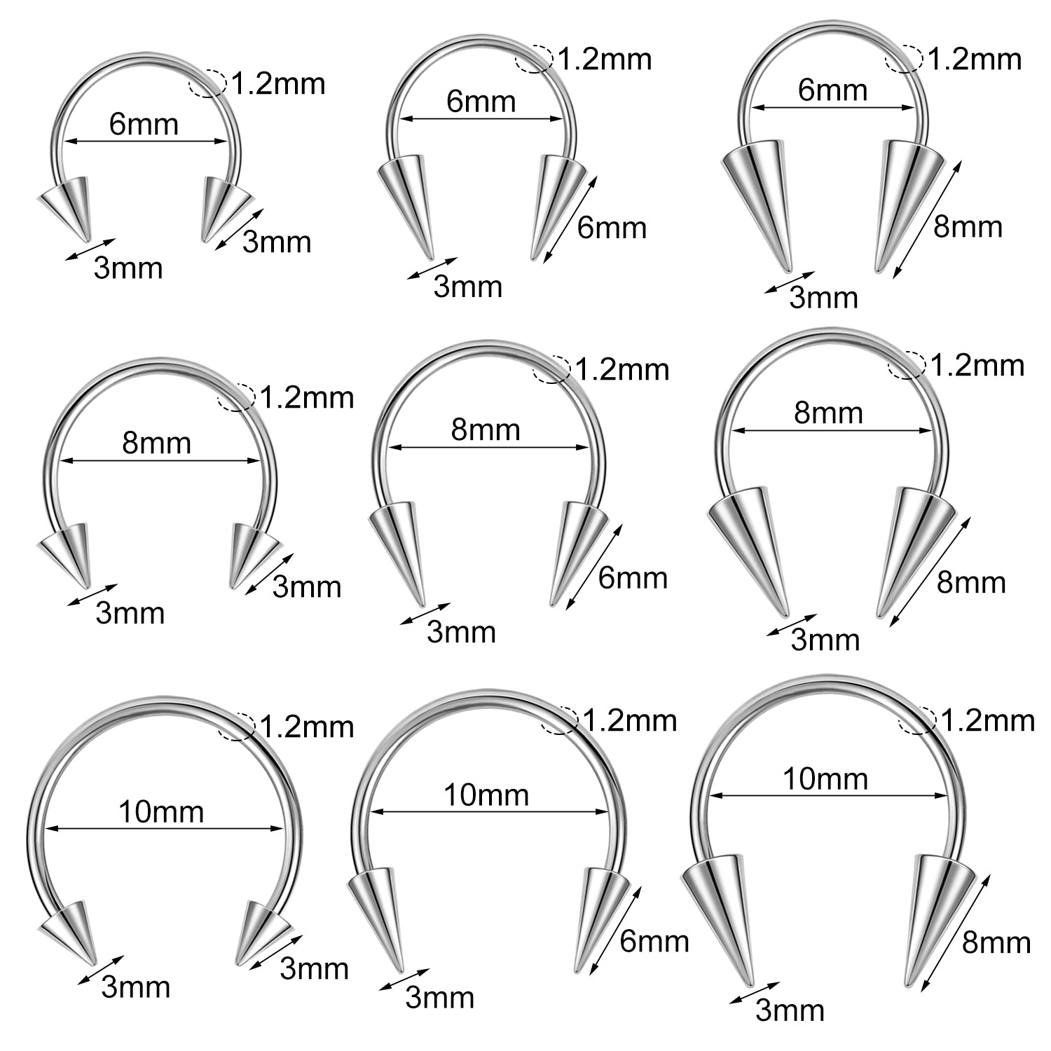 16g/18g Horseshoe Nose Ring Internally Threaded Spike Septum Ring Piercing