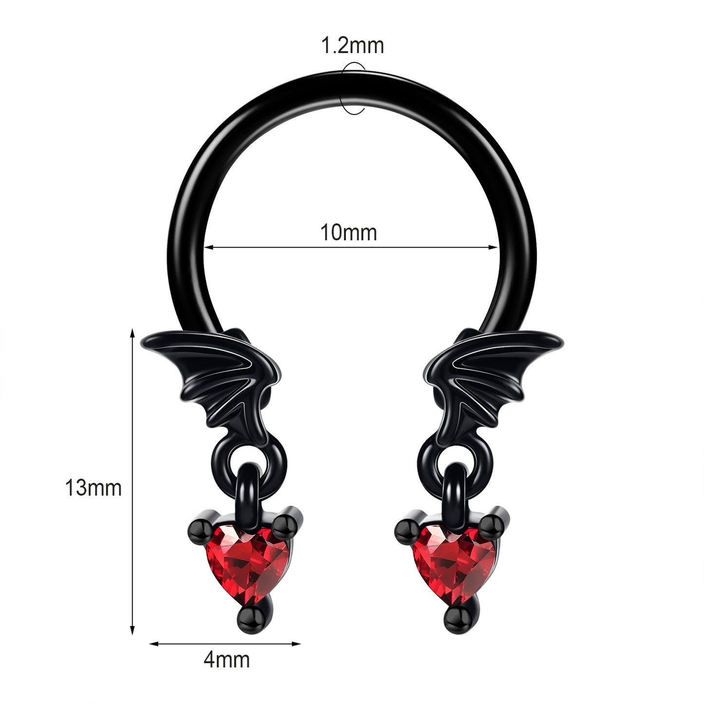 16g Heart Dangle Nose Ring Red Zircon Septum Piercing Halloween Jewelry