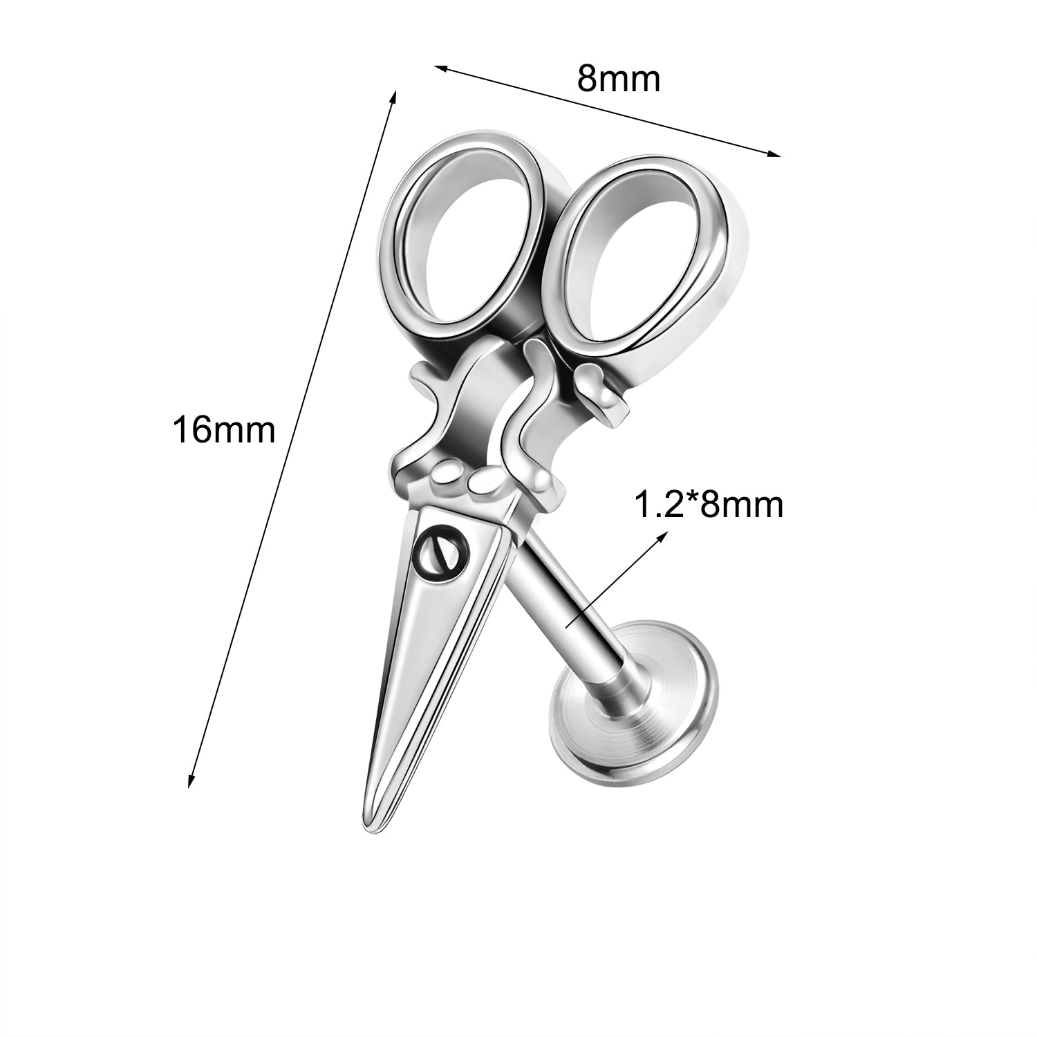 16g Scissors Labret Ring Flat Back Stud Earring Conch Helix Lip Piercing