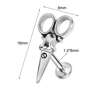 16g Scissors Labret Ring Flat Back Stud Earring Conch Helix Lip Piercing